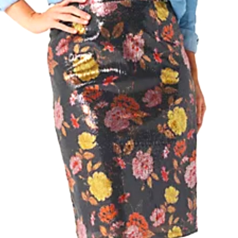 G I.L.I. Floral Printed Sequin Midi Length Pencil Skirt